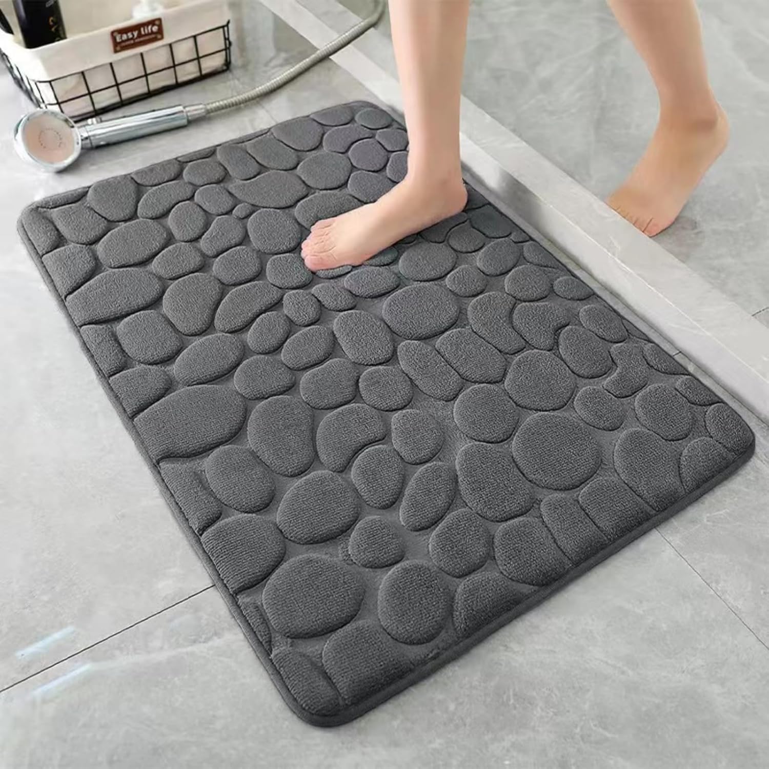 Linvrppy Memory Foam Bath Mat Memory Foam Carpet Cobblestone Design Super Absorbent Non-Slip Machine Washable Bathroom mat (16x24 inches) (Grey)