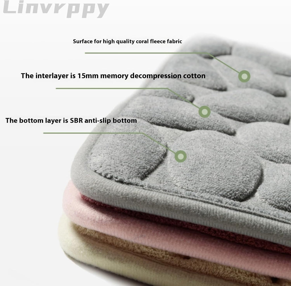 Linvrppy Memory Foam Bath Mat Memory Foam Carpet Cobblestone Design Super Absorbent Non-Slip Machine Washable Bathroom mat (16x24 inches) (Grey)